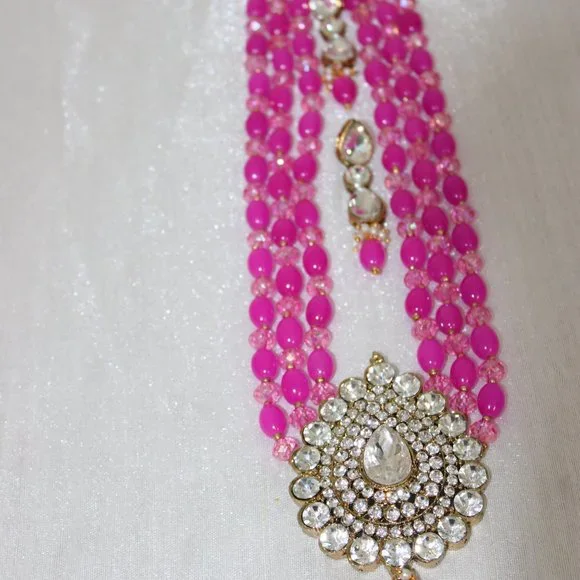 Heavy Pink Kundan Long Necklace Set - Picture 2 of 2